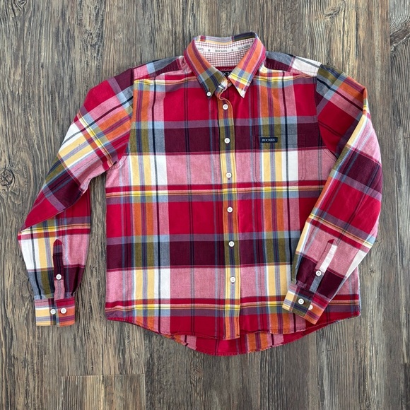 Rockies Western Shirt Womens Lg Red Multicolor Plaid L/S Button Up Rodeo Cowgirl - Picture 1 of 9